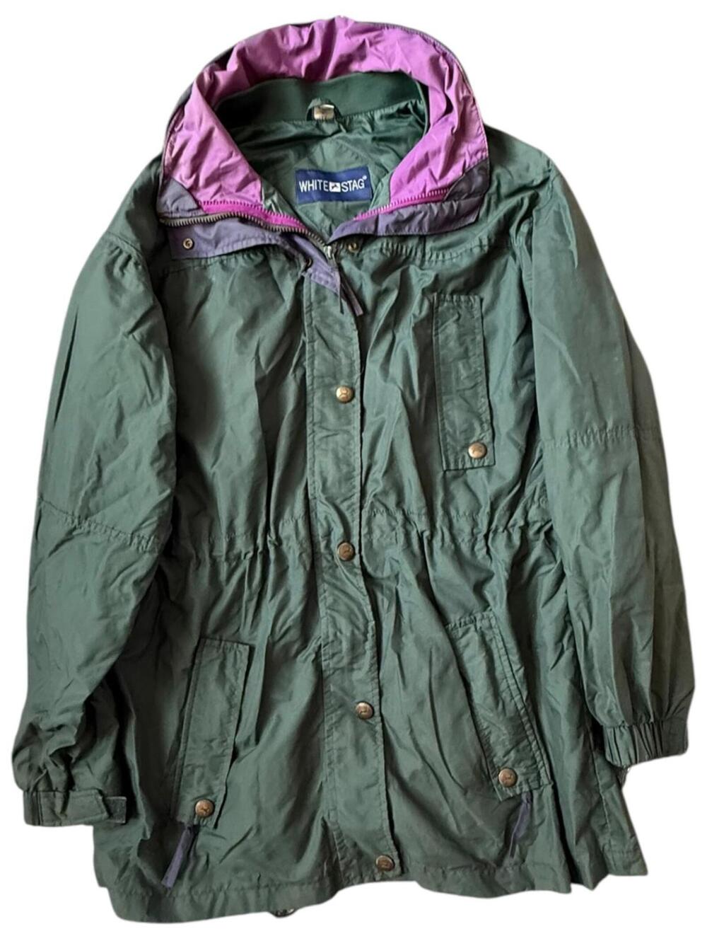 Vintage White Stag Green Purple Hooded Windbreaker Jacket XS 80s 90s